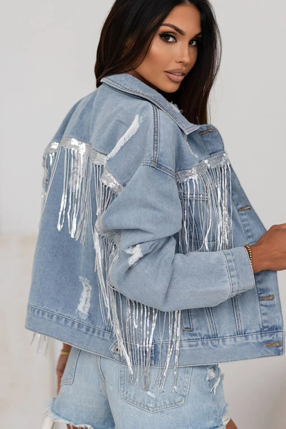 Sequin Fringe Distressed Denim Jacket in Medium Wash detail