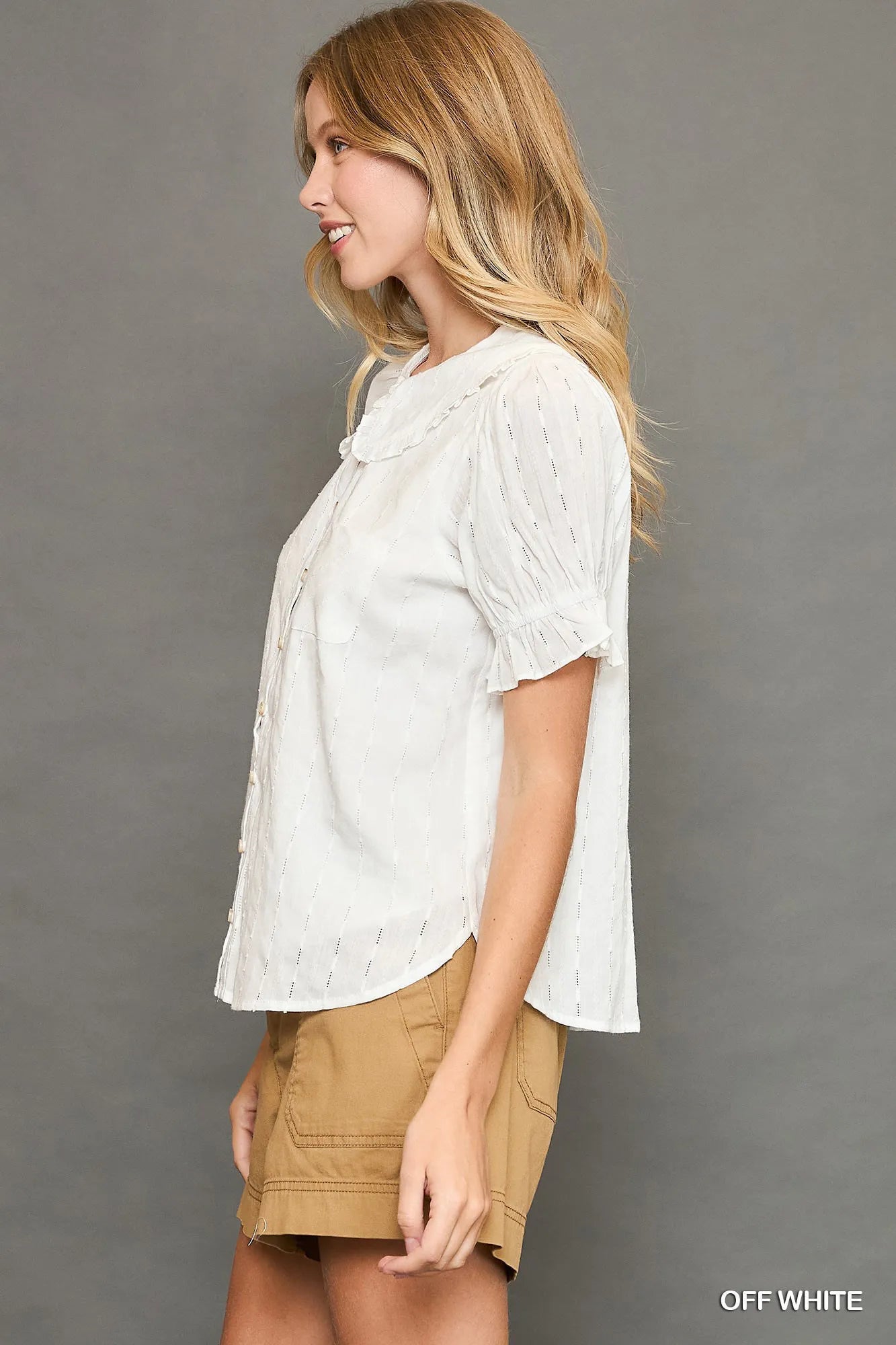 Umgee Peter Pan Collared Button Down Textured Shirt with Ruffled Deatil - Fashorio