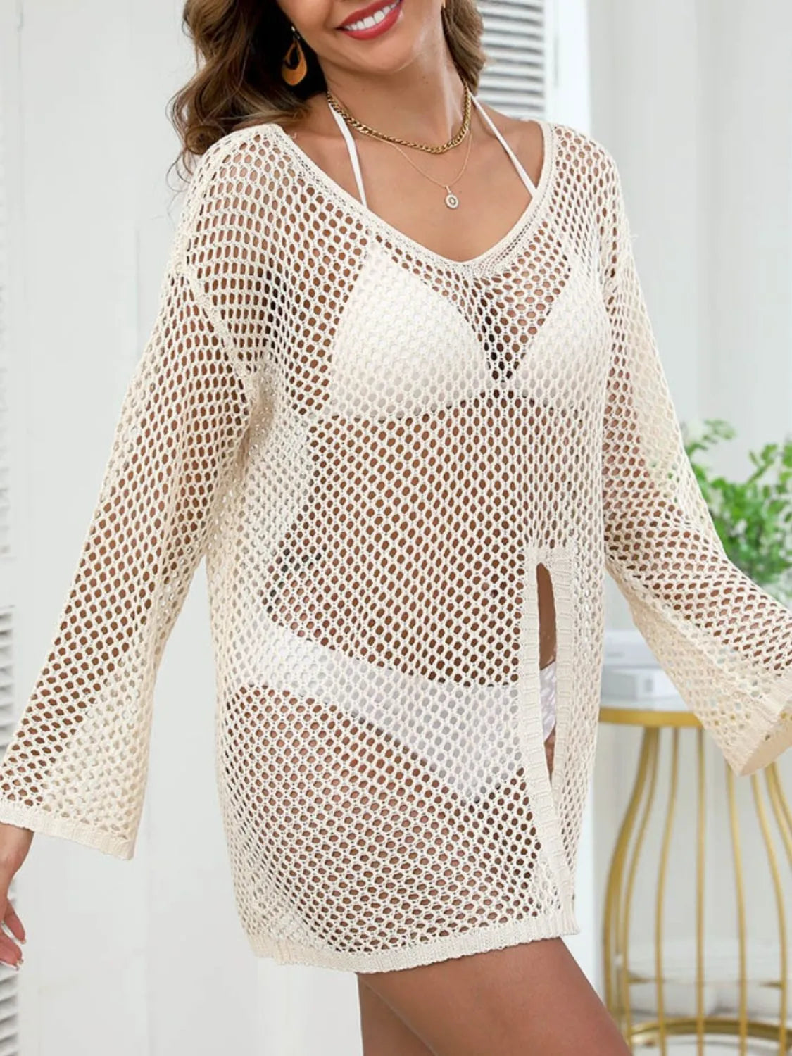 Openwork V-Neck Slit Cover-Up - Fashorio