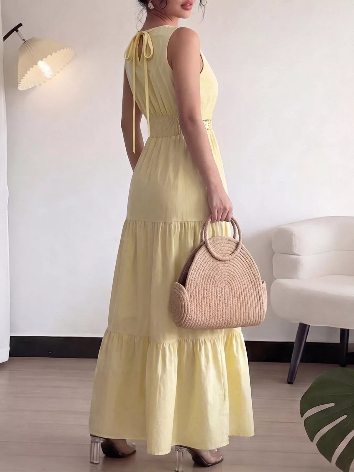 yellow tiered lace trim sleeveless maxi dress fabric and print detail