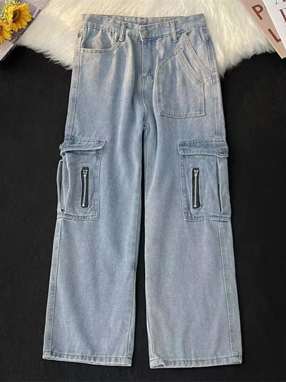 Men's Full Size Washed Cargo Utility Jeans Plus Size Blue - Fashorio