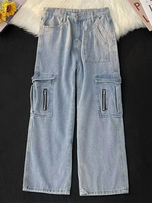 Men's Full Size Washed Cargo Utility Jeans Plus Size Blue - Fashorio