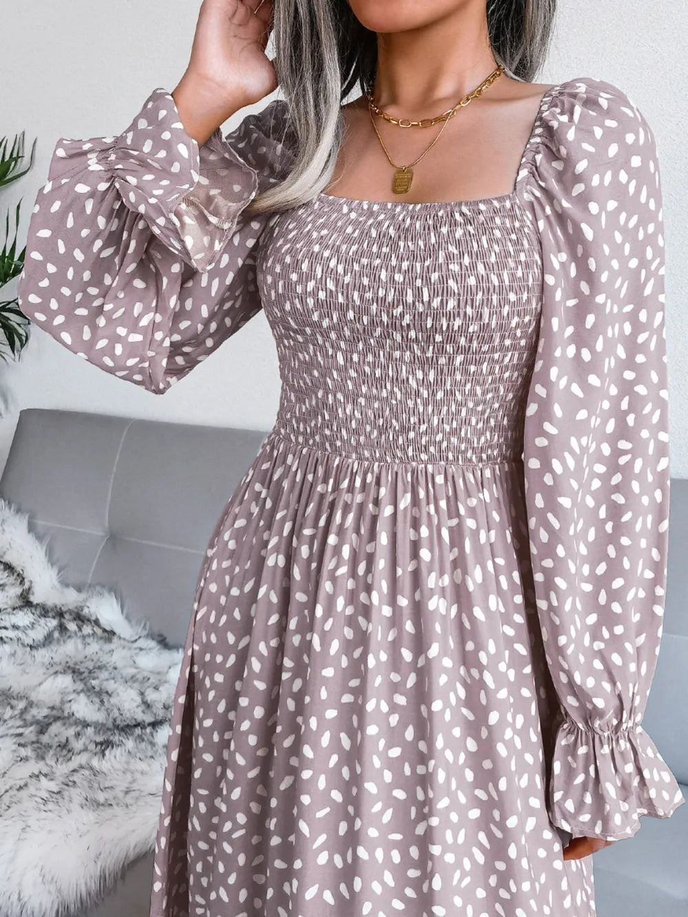 Smocked square neck flounce sleeve dress flat lay view