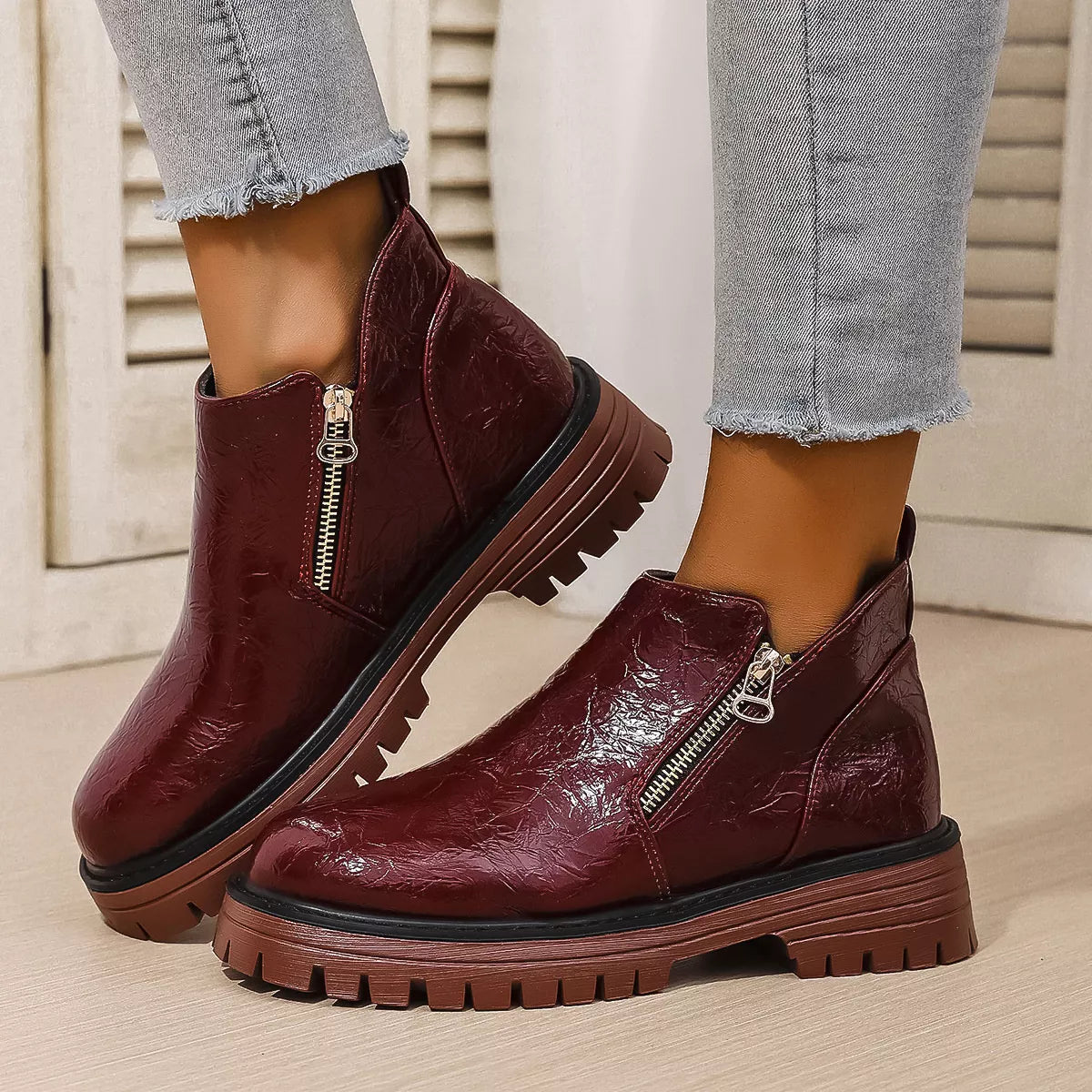 black round toe block heel boots zip and trim detail