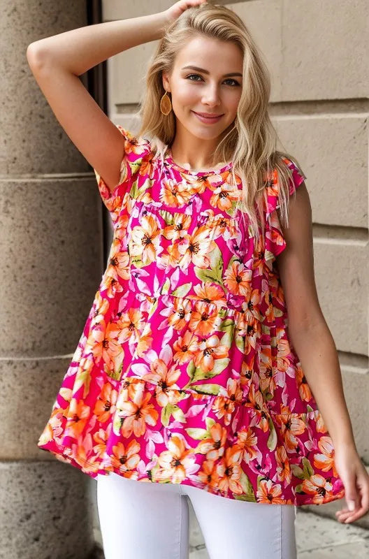 Floral tiered top with butterfly sleeves front view