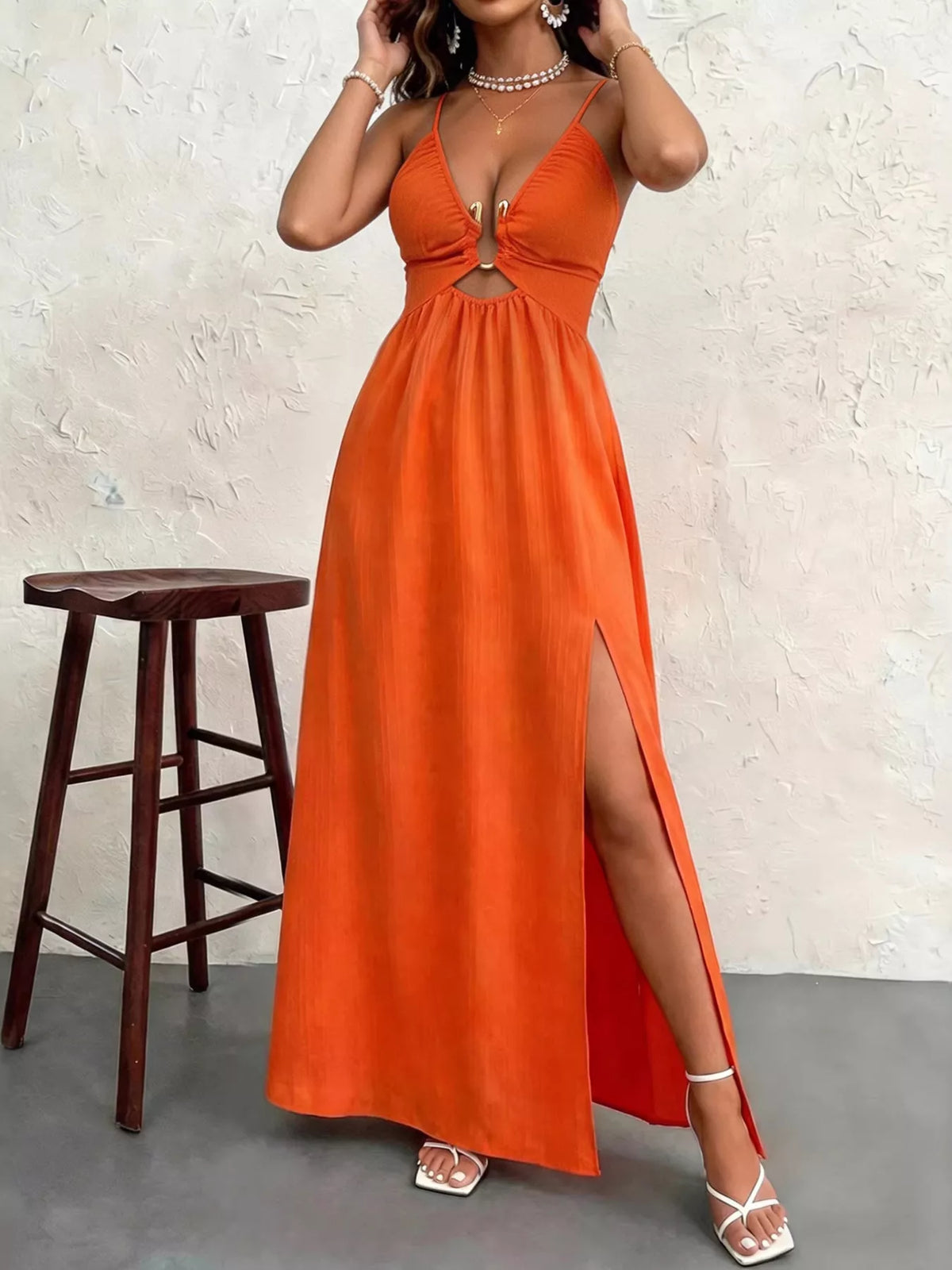 Orange cutout front high slit bodycon maxi dress side view