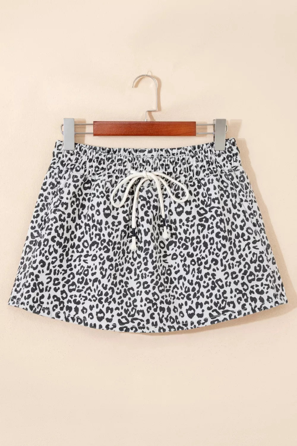 Leopard print denim skort pocket detail