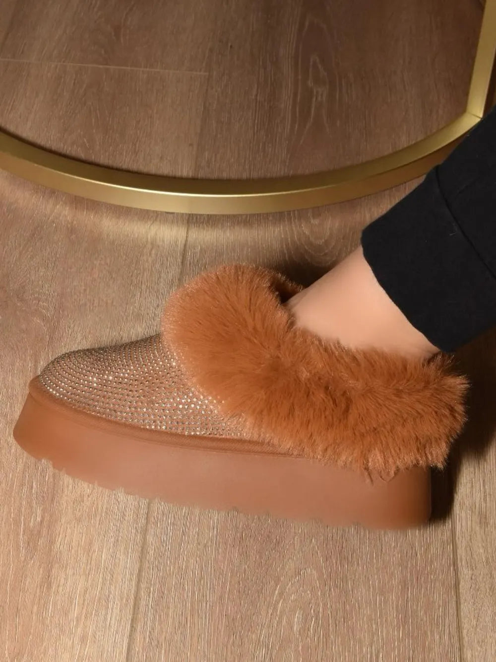 Embellished faux fur platform booties front view