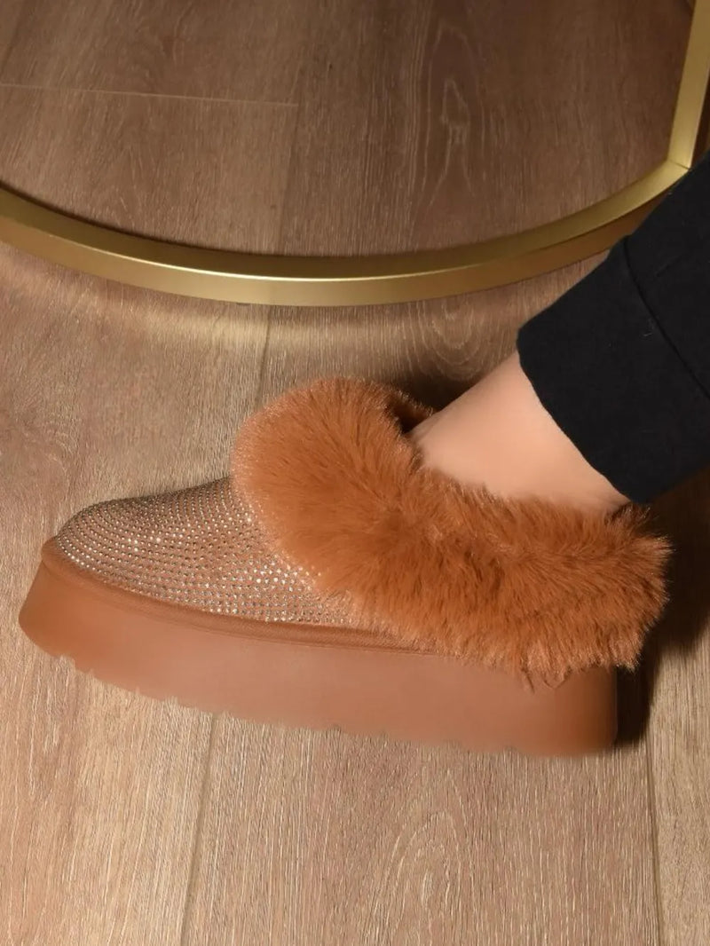 Embellished faux fur platform booties front view