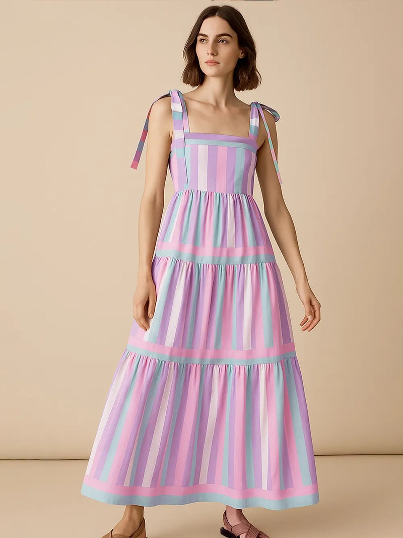 Striped Tiered Bow Tie Maxi Dress front view