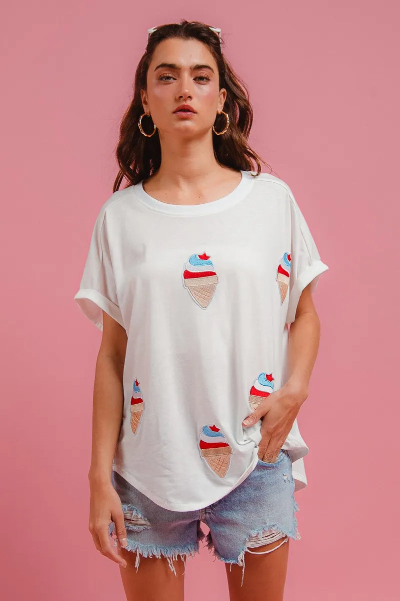 BiBi Solid Terry With Fourth Of July Theme Patched Top - Fashorio