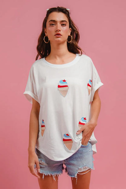 BiBi Solid Terry With Fourth Of July Theme Patched Top - Fashorio