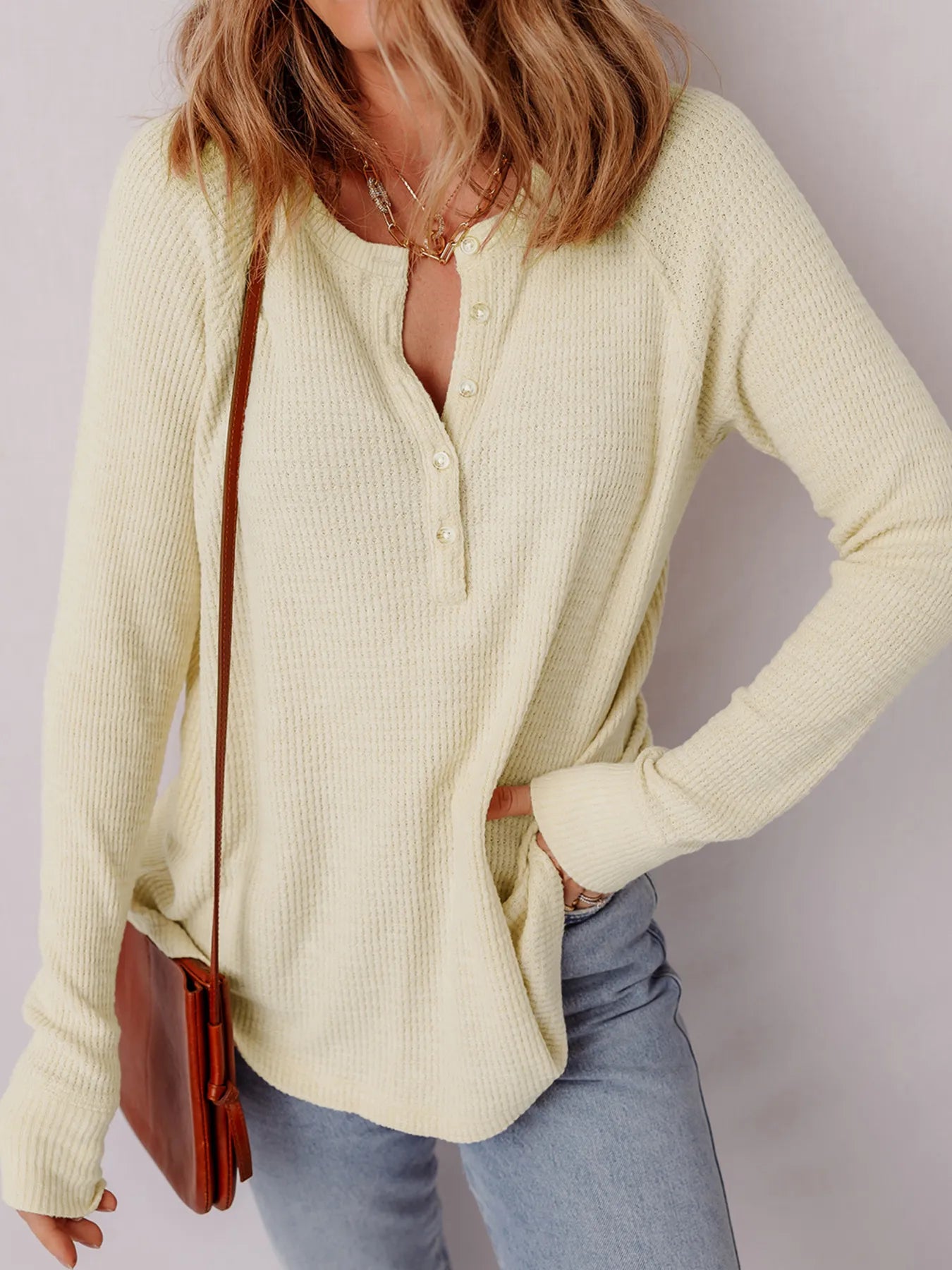 Textured Knit Half Buttons Henley Top - Fashorio