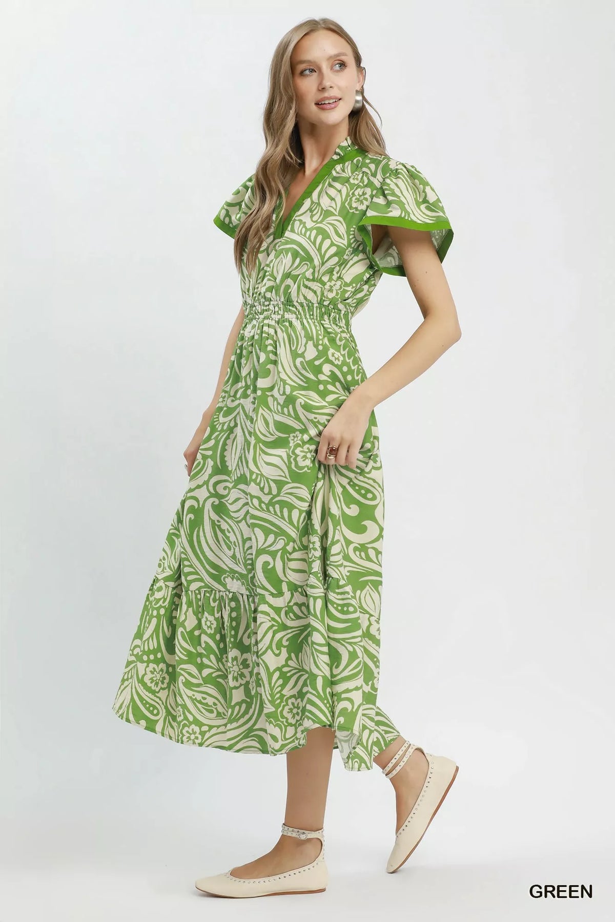 Green paisley midi dress flutter sleeve and V neckline detail