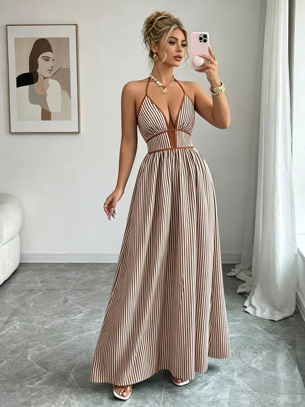 Khaki striped halter maxi dress back view