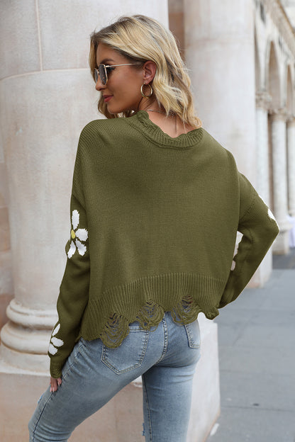 Flower Distressed Long Sleeve Sweater - Fashorio