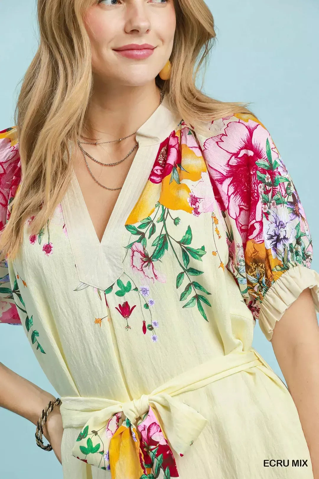 Umgee mixed floral border print midi dress in ecru detail view