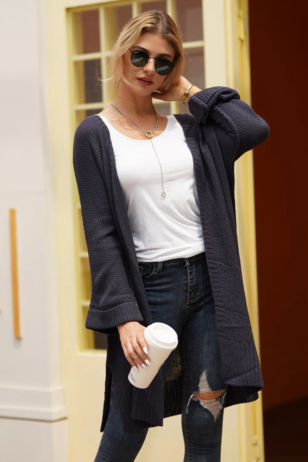 Open Front Long Sleeve Cardigan Dark Gray - Fashorio