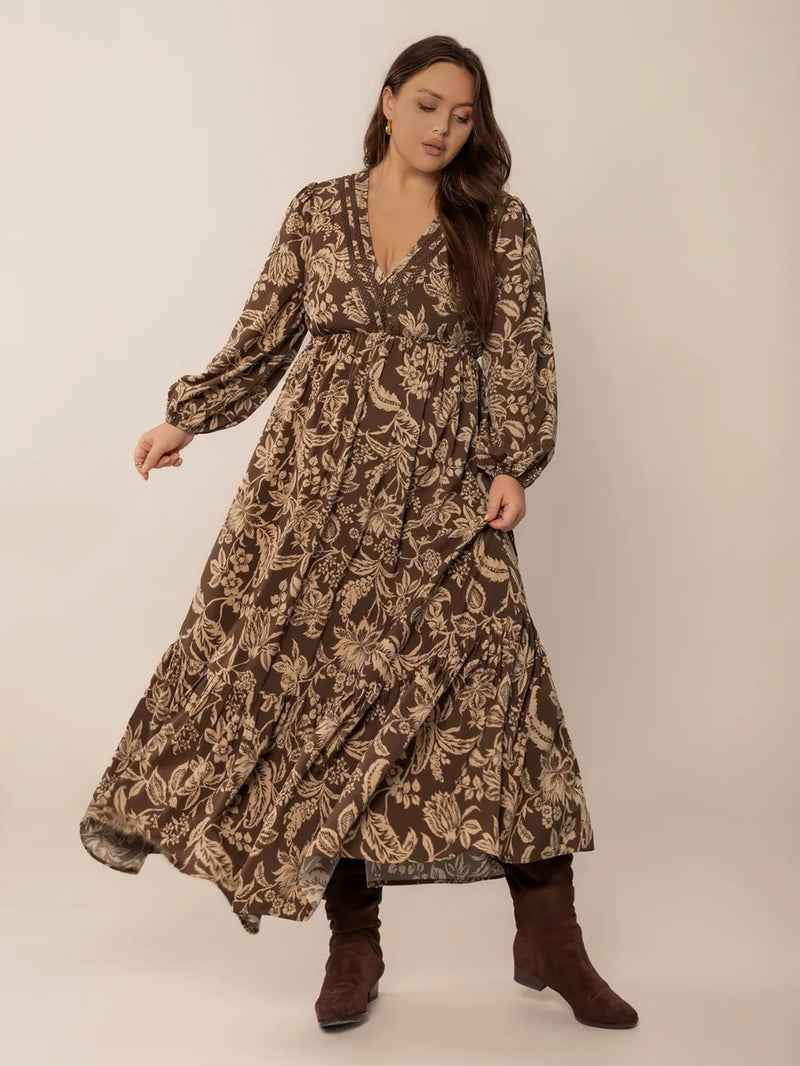 camel plus size printed v neck balloon sleeve maxi dress front view