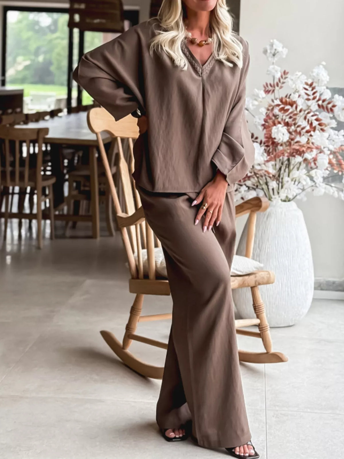 Brown two piece set braided neckline detail