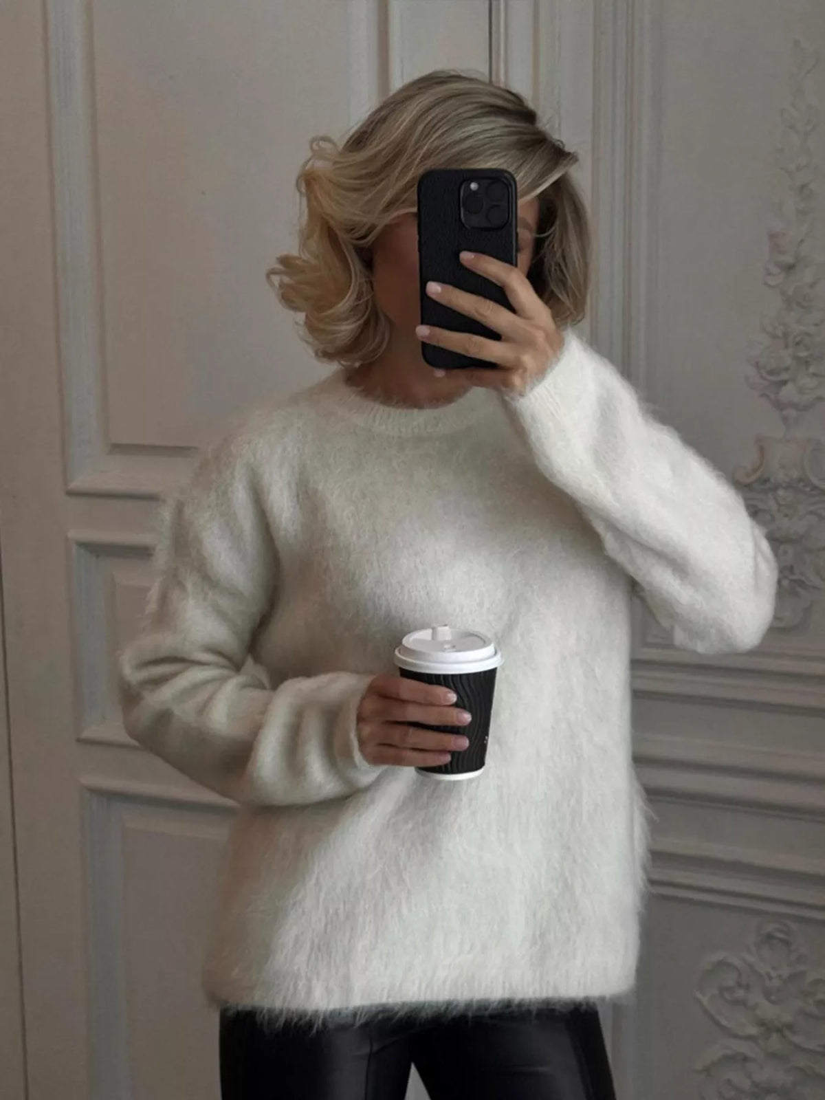 Cozy fuzzy sweater full length outfit