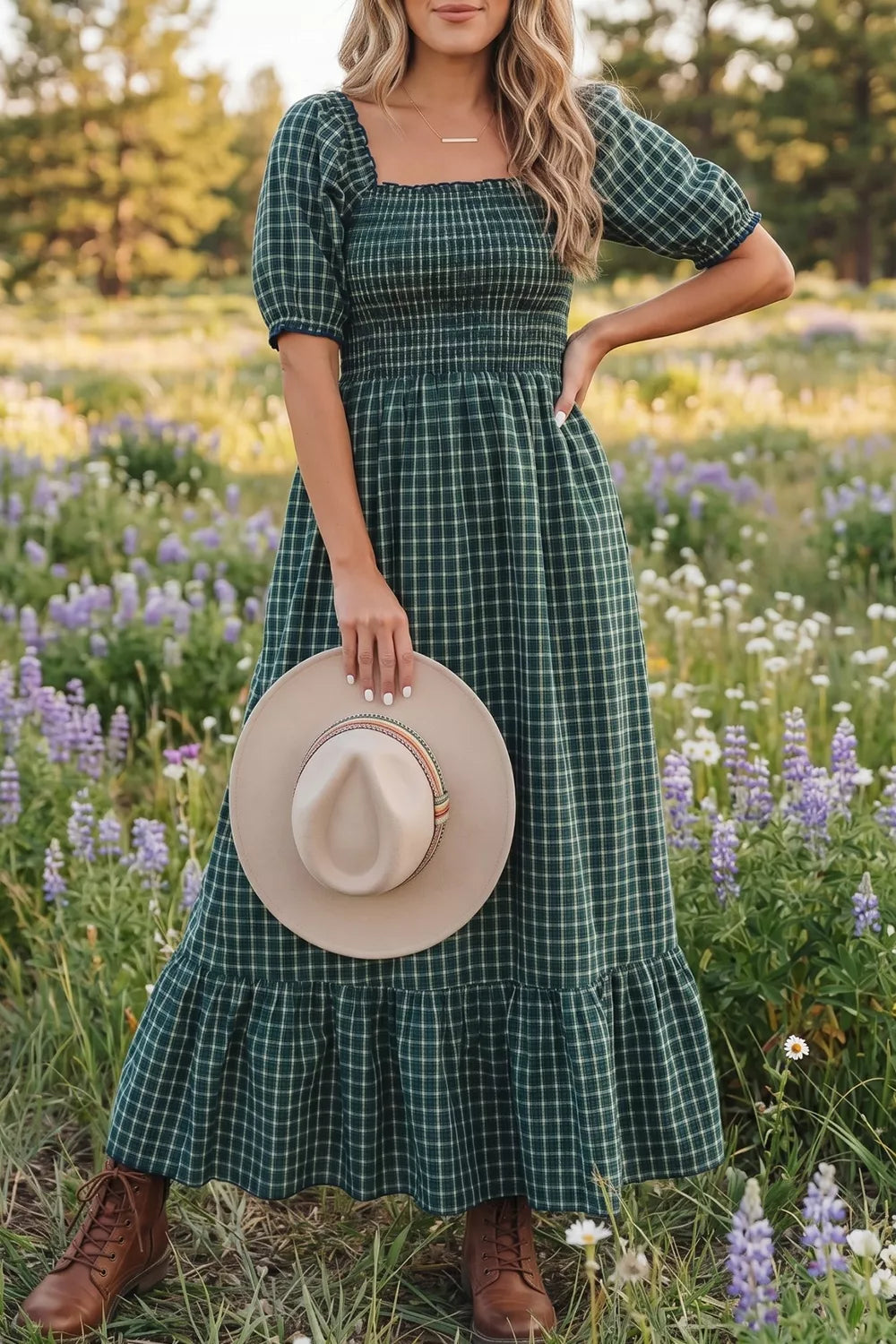 Ruffle hem detail on the plaid cotton maxi dress