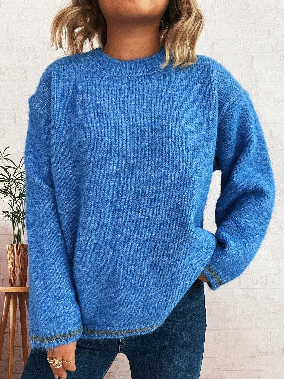 Contrast trim round neck oversized sweater back view