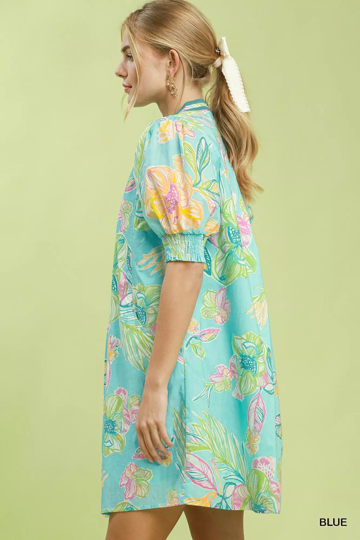 Umgee blue botanical floral print dress side view