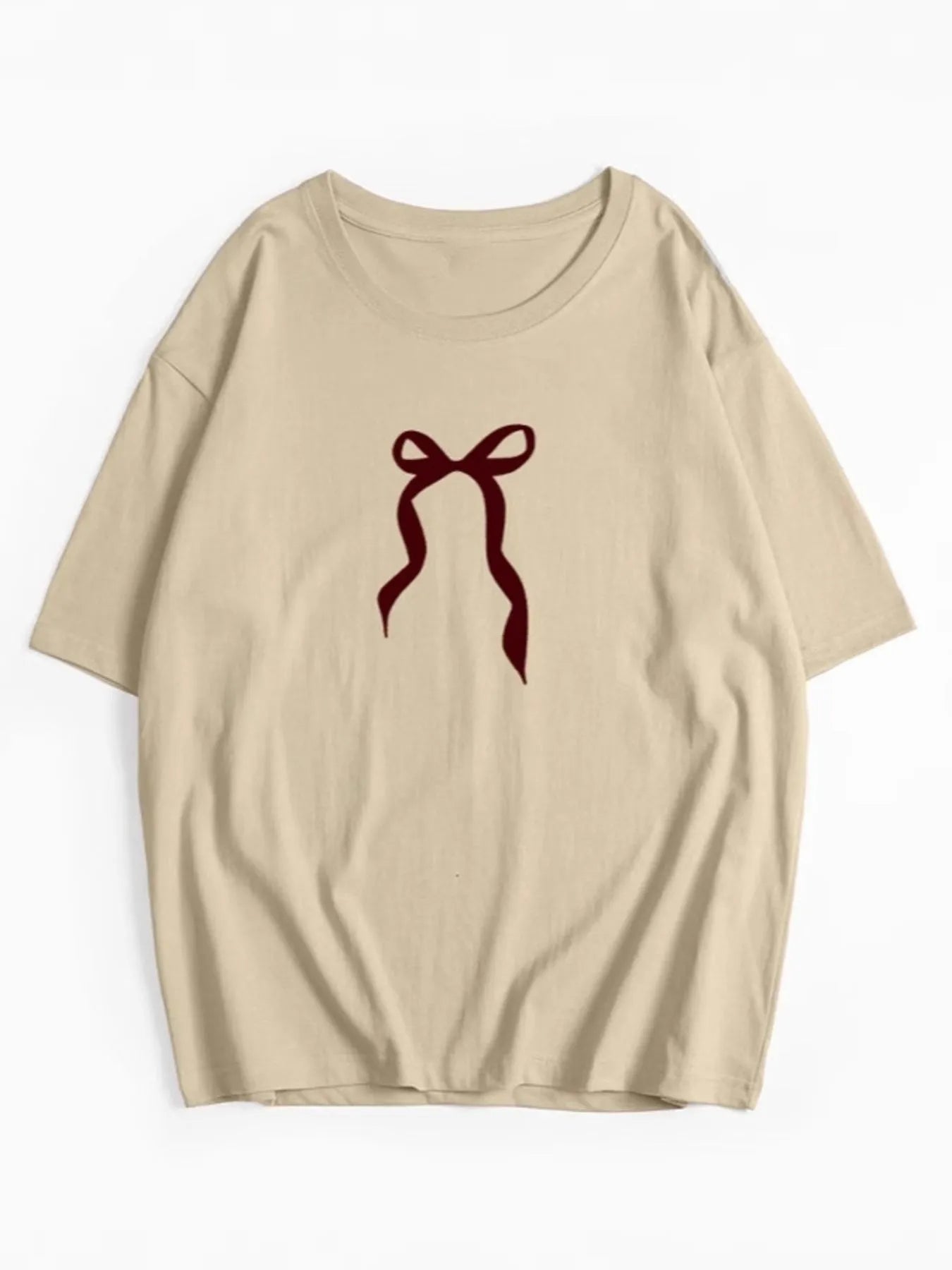 Plus Size Bow Round Neck Short Sleeve T-Shirt Khaki - Fashorio