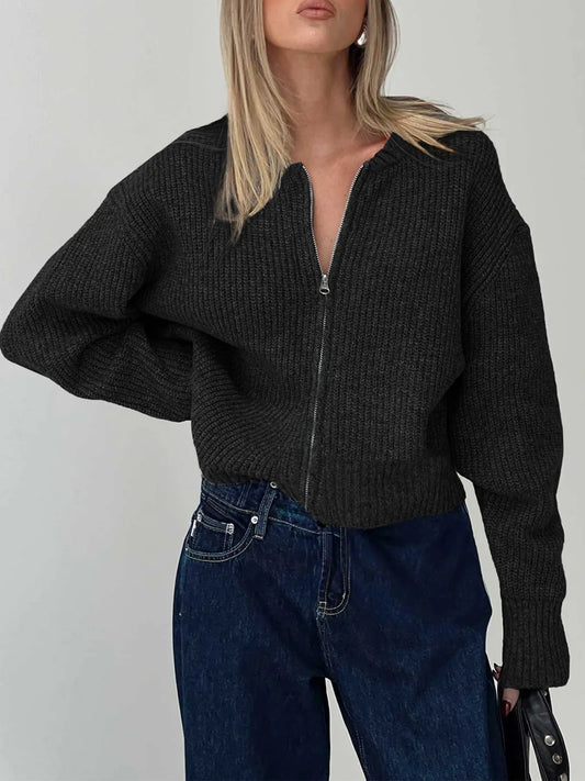 Zip Up Long Sleeve Cardigan Black - Fashorio