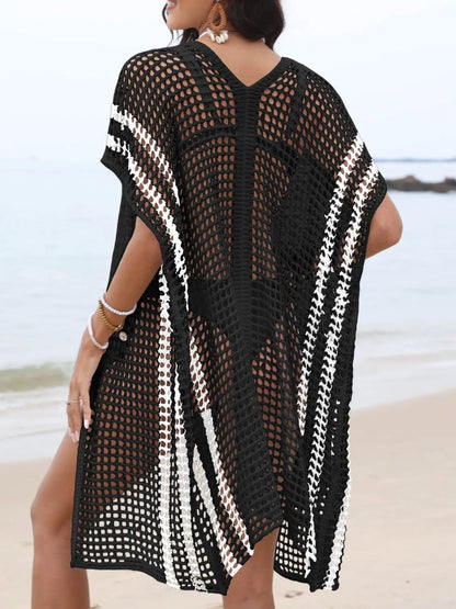 Open Front Contrast Openwork Cover-Up - Fashorio