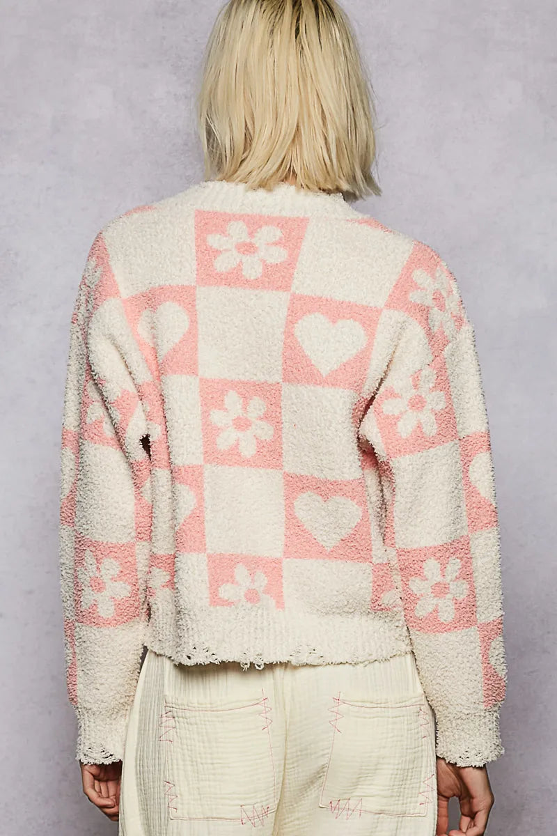 POL V-Neck Heart Pattern Checkered Sweater - Fashorio