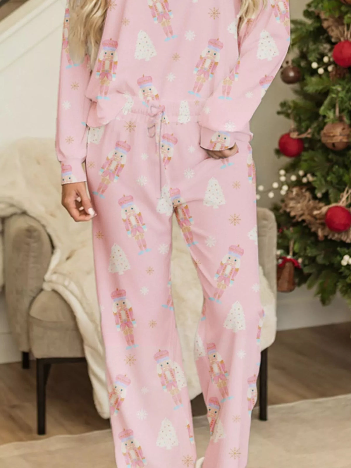 Womens festive nutcracker print pants set overview