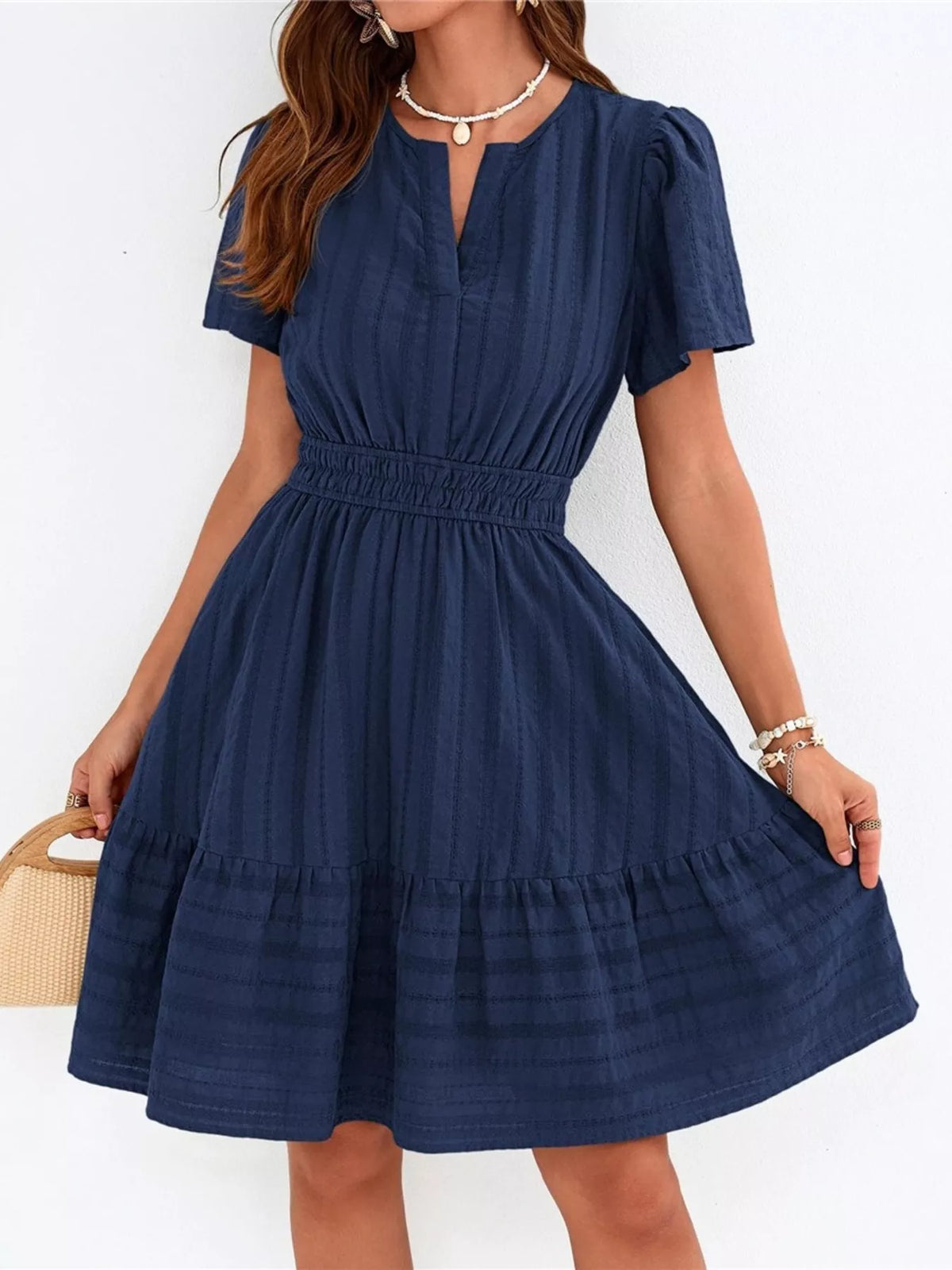 Short sleeve smocked waist tiered midi dress back view
