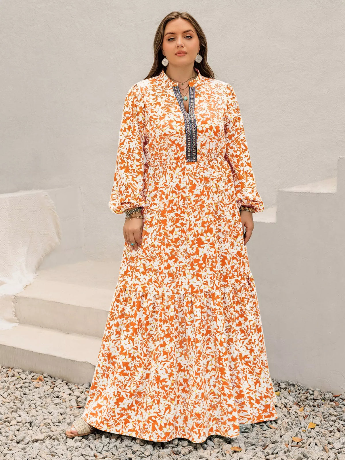 boho floral print maxi dress in tangerine side view