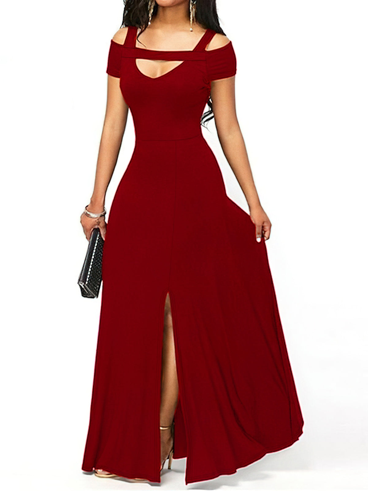 off shoulder slit maxi dress full length view