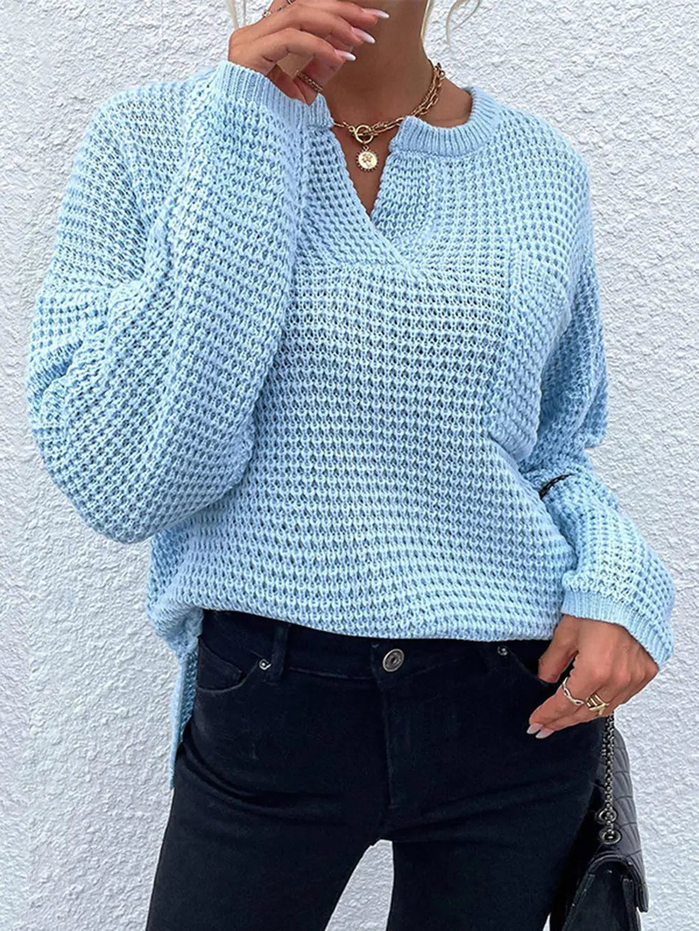 Notched Long Sleeve Sweater Pastel Blue - Fashorio
