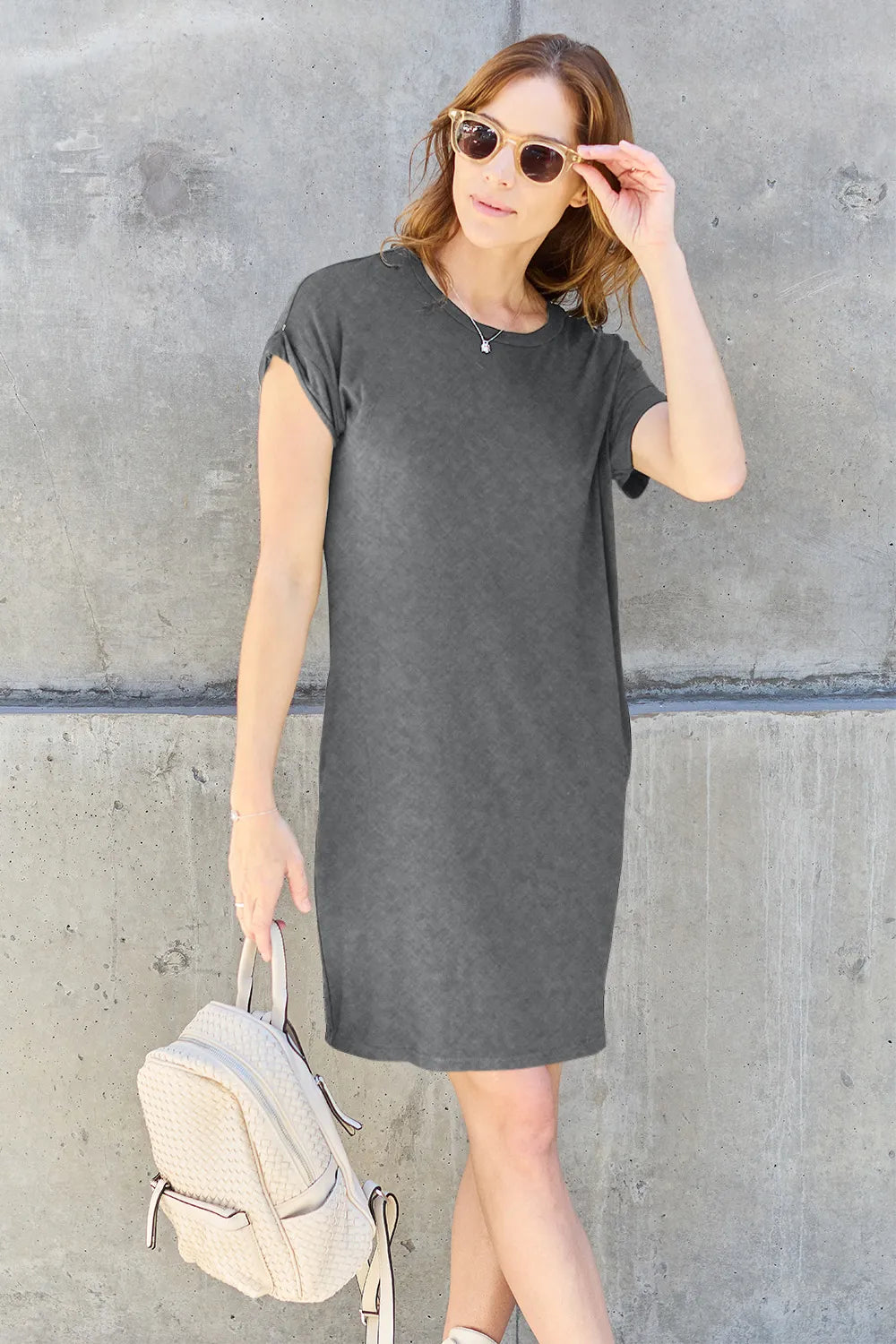 Basic Bae Full Size Round Neck Short Sleeve Dress with Pockets Gray - Fashorio