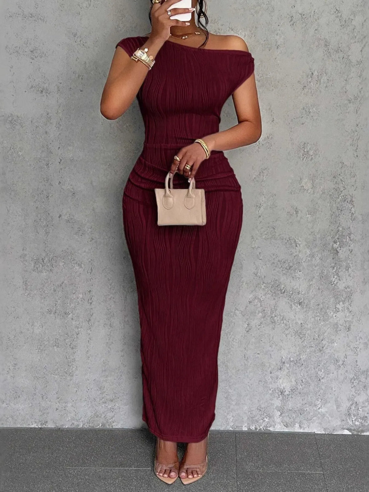 single shoulder ribbed bodycon maxi dress styled look