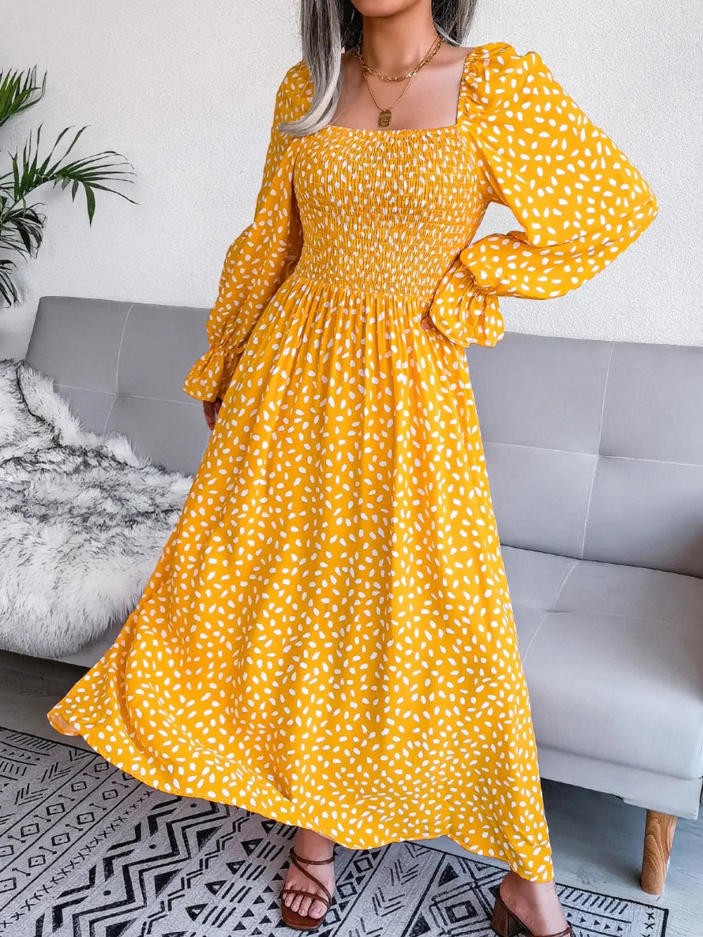 Smocked square neck flounce sleeve dress back view