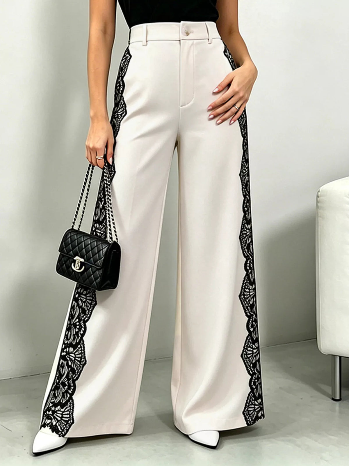 Beige lace detail wide leg pants front view