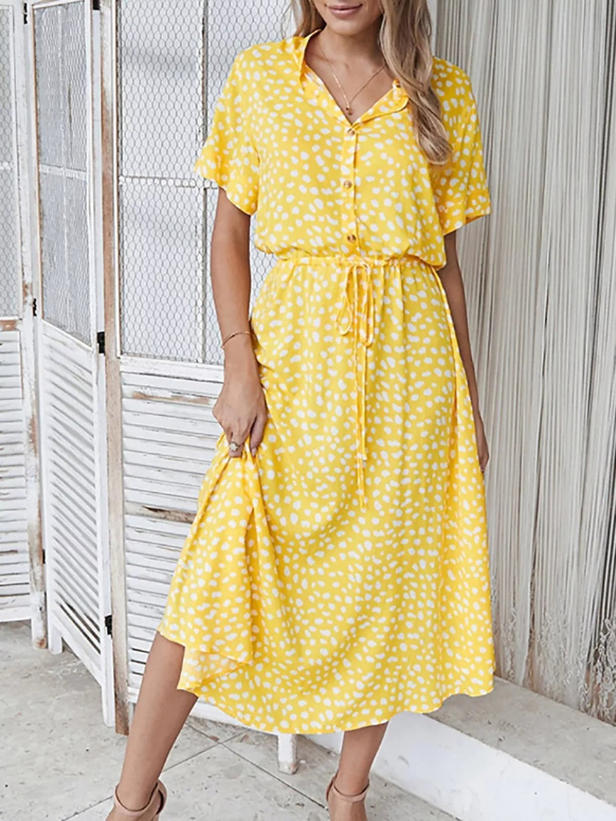 Polka dot button front midi dress full length view