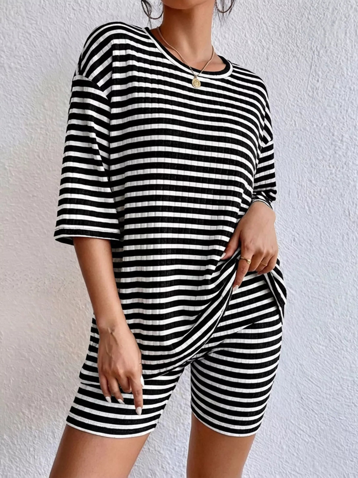 Striped Round Neck Top and Shorts Set, view 6