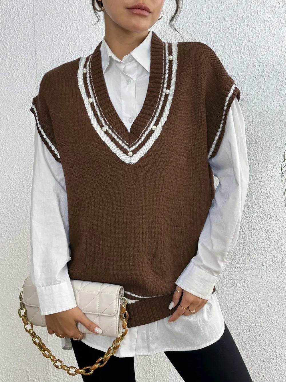 Pearl Trim Contrast V Neck Sweater Vest in Brown detail