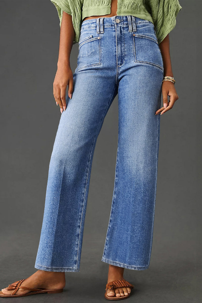 Blue high waist cropped straight leg jeans front view