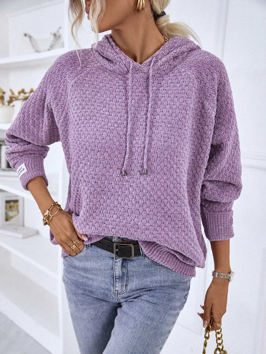 Texture Drawstring Long Sleeve Hooded Sweater Lavender - Fashorio