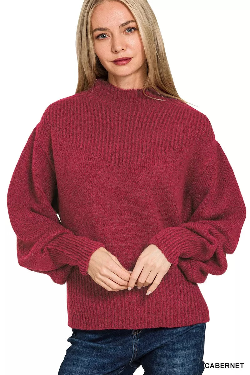 Balloon Sleeve Mock Neck Sweater in Cabernet