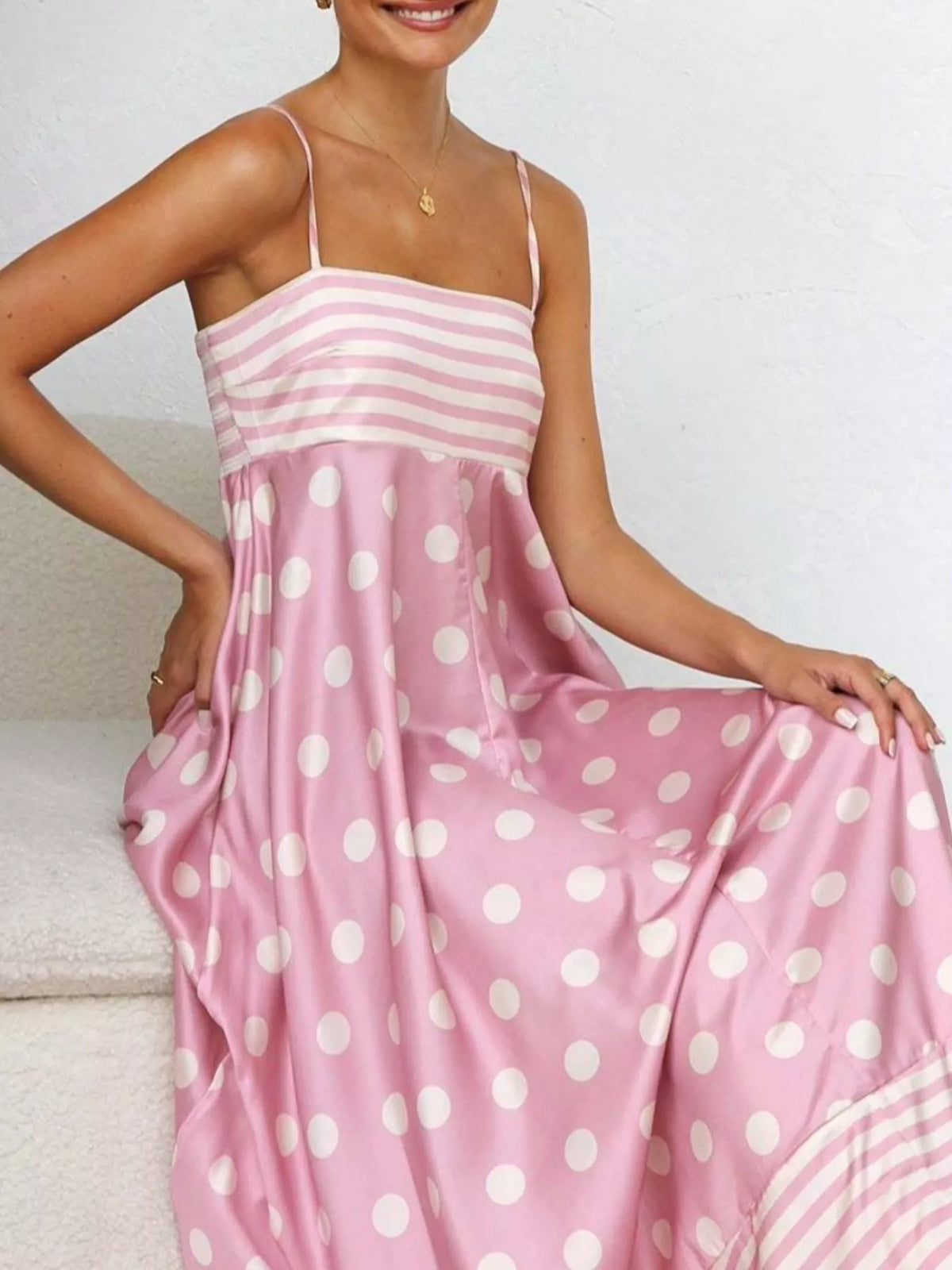printed spaghetti strap maxi dress front view