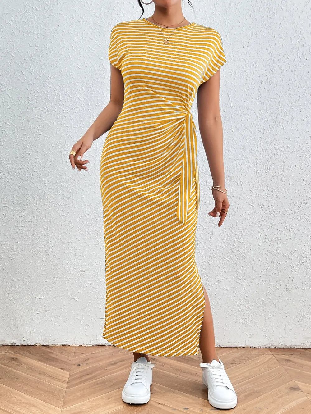 striped round neck short sleeve tee dress waist detail
