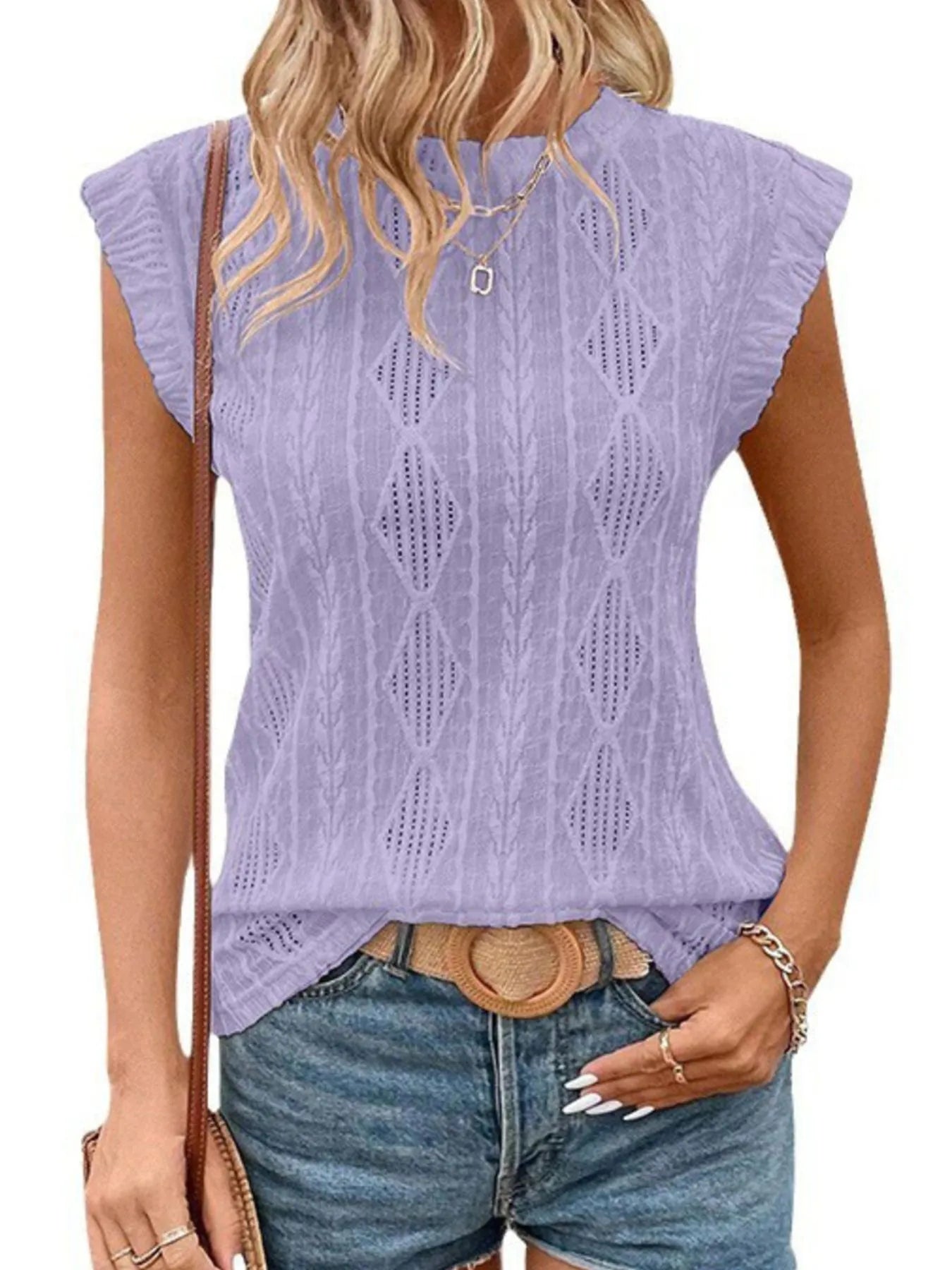 Openwork Round Neck Top Lilac Purple - Fashorio